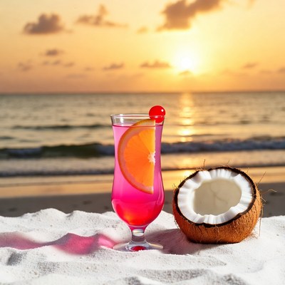 Pink Cocktail with Coconut on Beach Sunset