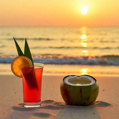 Coconut and Tropical Drink on Beach Sunset