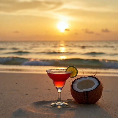 Margarita and Coconut on Beach Sunset