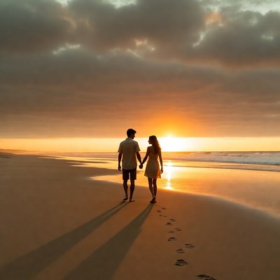 Couple walking on beach at sunset