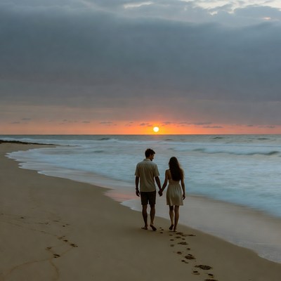 Couple walking on beach at sunset