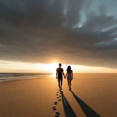 Couple walking on beach at sunset