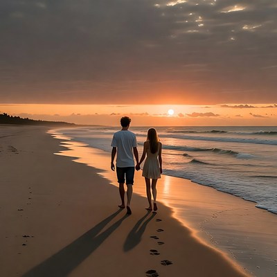 Couple walking on sunset beach