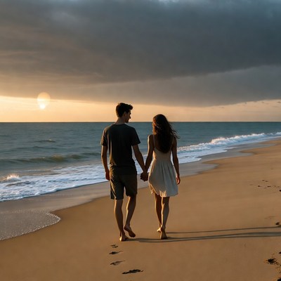 Couple holding hands on beach sunset