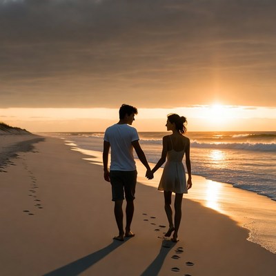 Couple holding hands on sunset beach