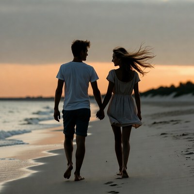 Silhouette couple holding hands on beach