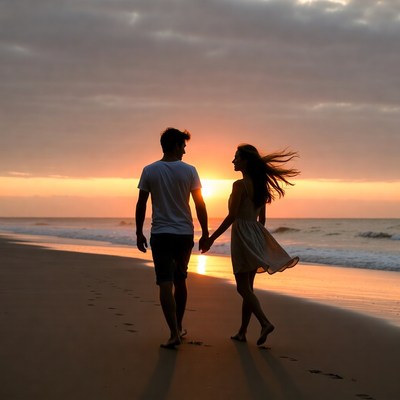 Couple walking hand-in-hand on sunset beach