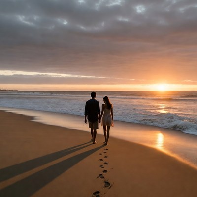 Couple walking on beach at sunset