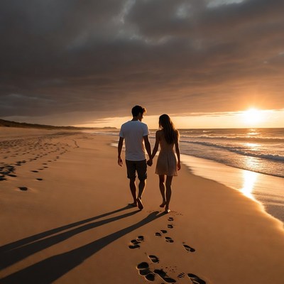 Couple walking hand-in-hand on sunset beach