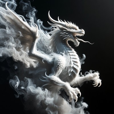 Roaring White Dragon with Smoke