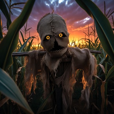 Scary Scarecrow in Cornfield at Sunset