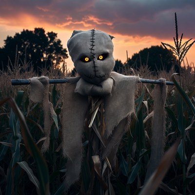 Scary Scarecrow in Cornfield at Sunset