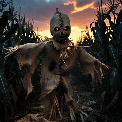 Scary Scarecrow in Cornfield at Sunset