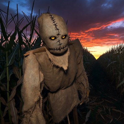 Scarecrow in Cornfield at Sunset