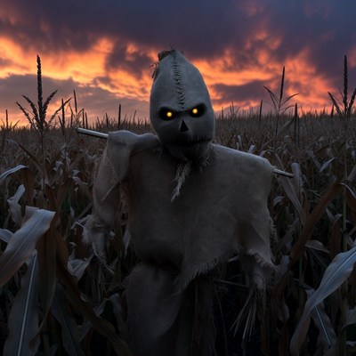 Scary Scarecrow in Cornfield at Sunset
