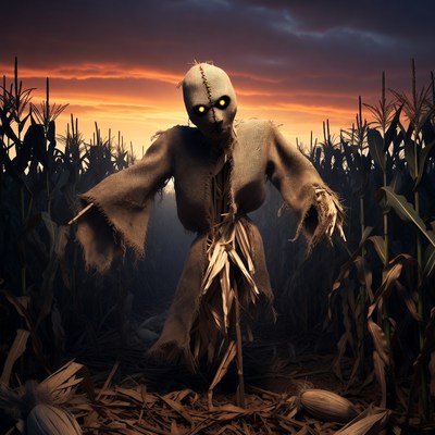 Scary Scarecrow in Cornfield at Sunset