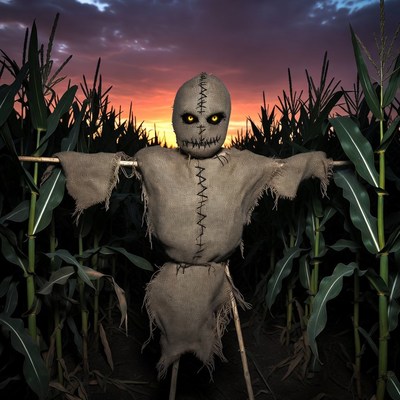 Scary Scarecrow in Cornfield at Sunset