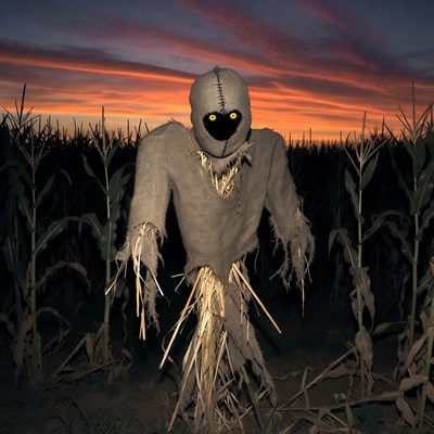 Scarecrow in Cornfield at Sunset