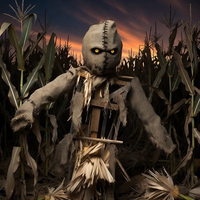 Scary Scarecrow in Cornfield at Sunset