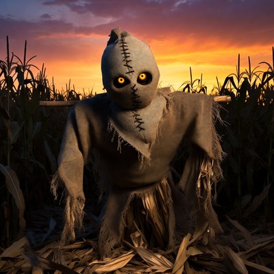 Scary Scarecrow in Cornfield at Sunset
