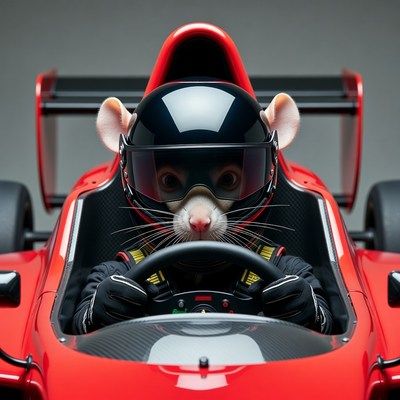 Rat Driving Red Race Car