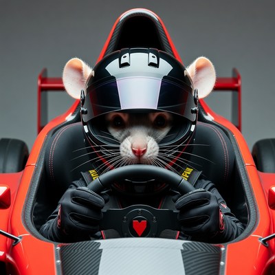 Rat driving red race car