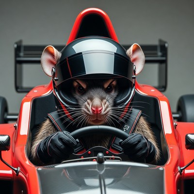 Rat Driving Red Race Car