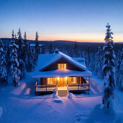 Snowy Log Cabin in Forest at Night