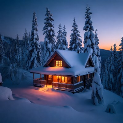 Cozy Snowy Cabin in Forest at Night