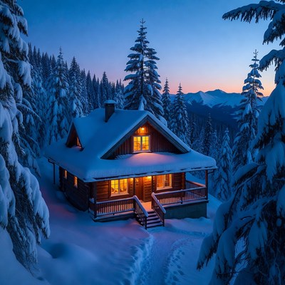 Cozy Snowy Cabin in Winter Forest