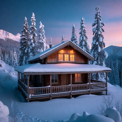 Snowy Wooden Cabin in Mountains