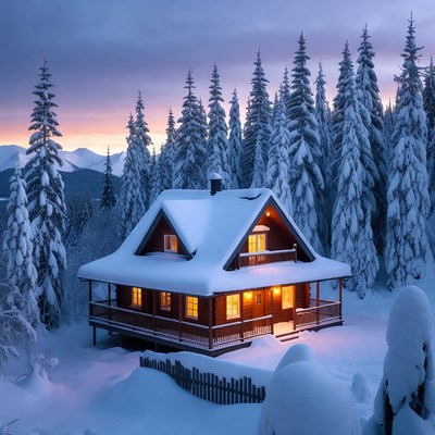 Snowy Wooden Cabin in Forest at Dusk