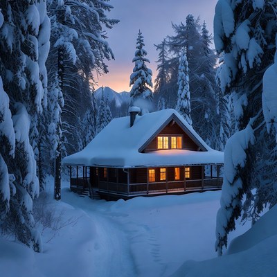 Snowy Cabin in Winter Forest