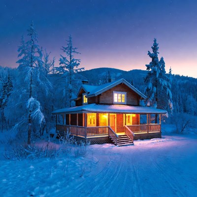 Cozy Snowy Cabin in Winter Forest