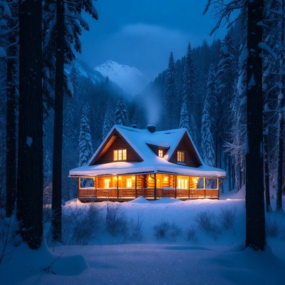 Cozy Wooden Cabin in Snowy Forest