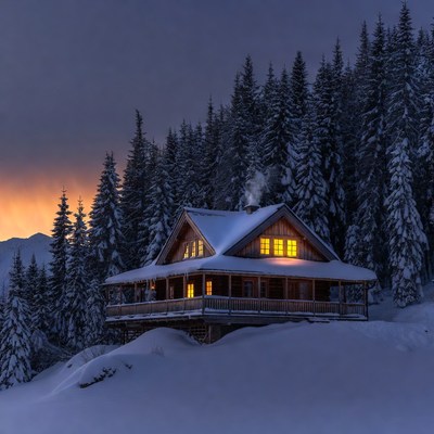 Cozy Wooden Cabin in Snowy Forest