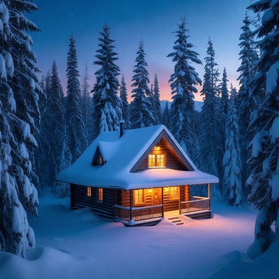 Cozy Snowy Cabin in Forest Night
