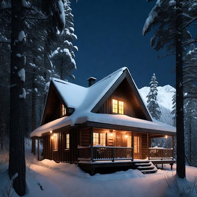 Snowy Log Cabin in Forest at Night