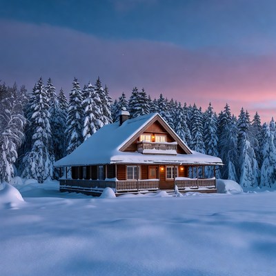 Snowy Wooden Cabin in Forest