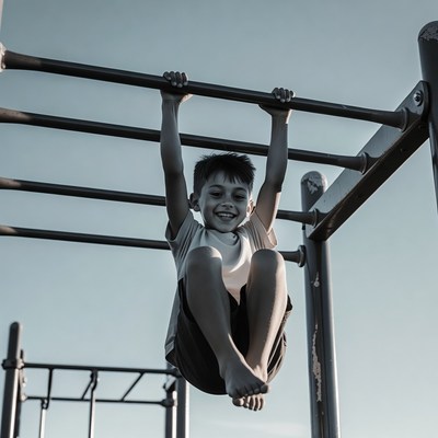 Boy hanging from monkey bars