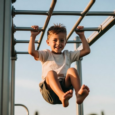 Boy hanging on playground monkey bars
