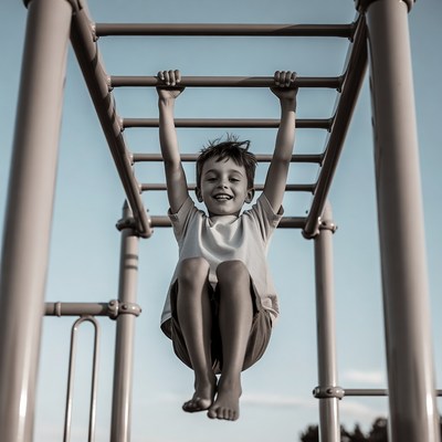 Boy hanging from monkey bars
