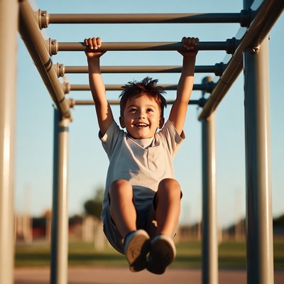 Boy hanging on playground monkey bars