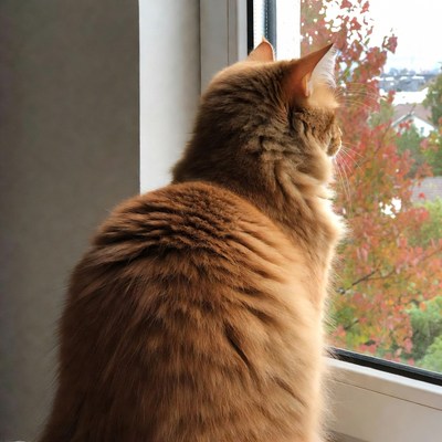 Orange cat looking out window