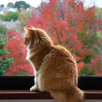 Orange cat on windowsill with autumn trees
