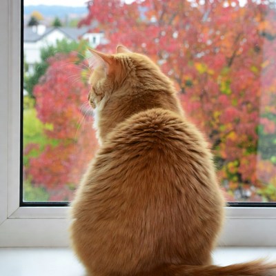 Orange cat looking out window at autumn trees