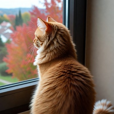 Orange cat gazing at autumn window