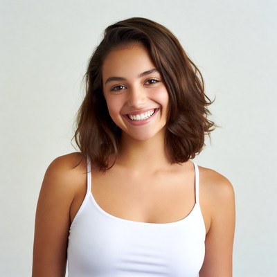 Smiling young woman in white tank top