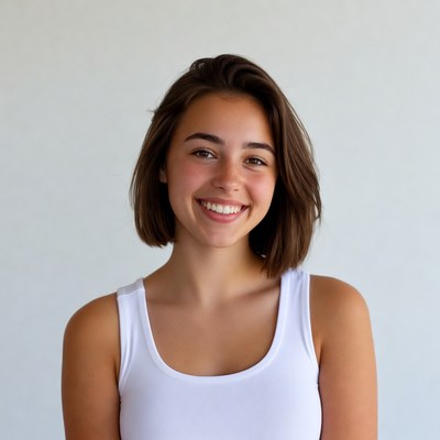 Smiling teenage girl in white tank top