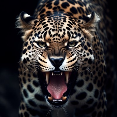 Roaring leopard with open mouth